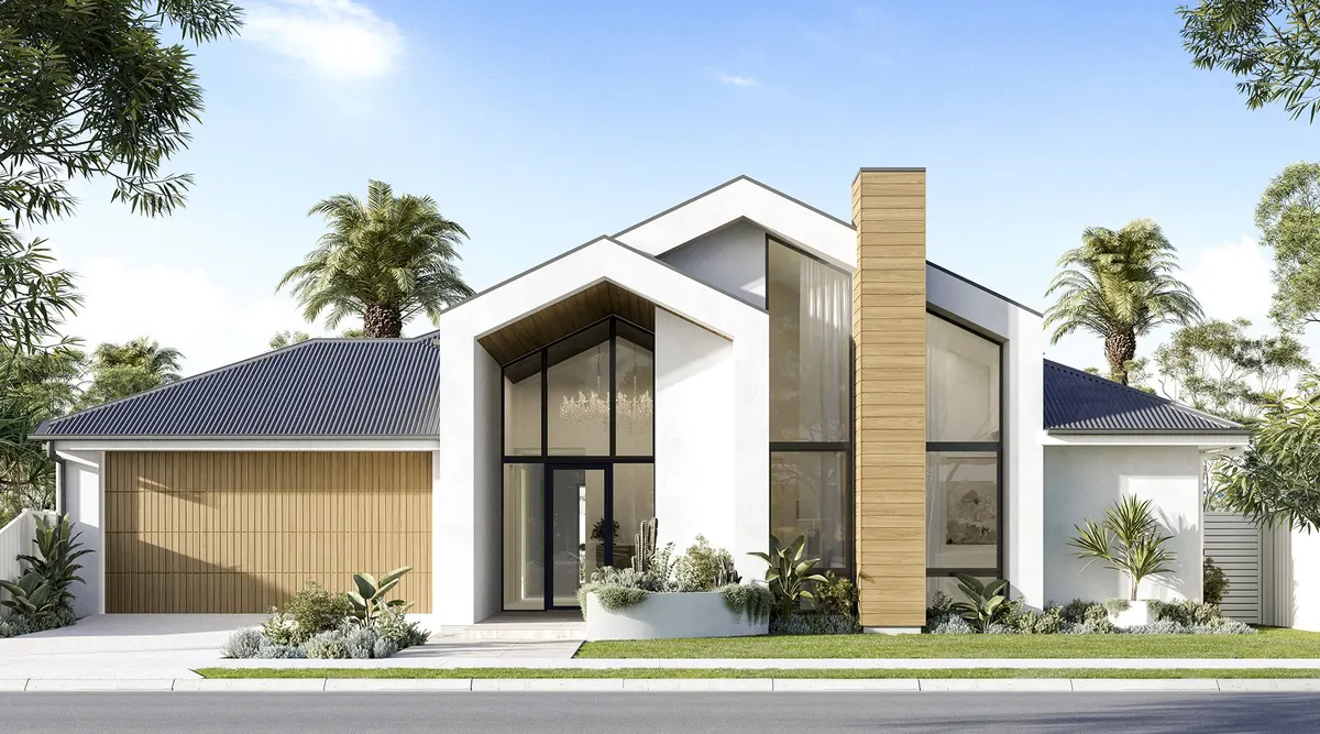 Modern farmhouse facade with gable and portico